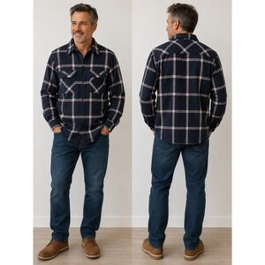 Pacific Trail Mens Large Navy Blue Red Plaid  Cotton Flannel Button Shirt NWOT